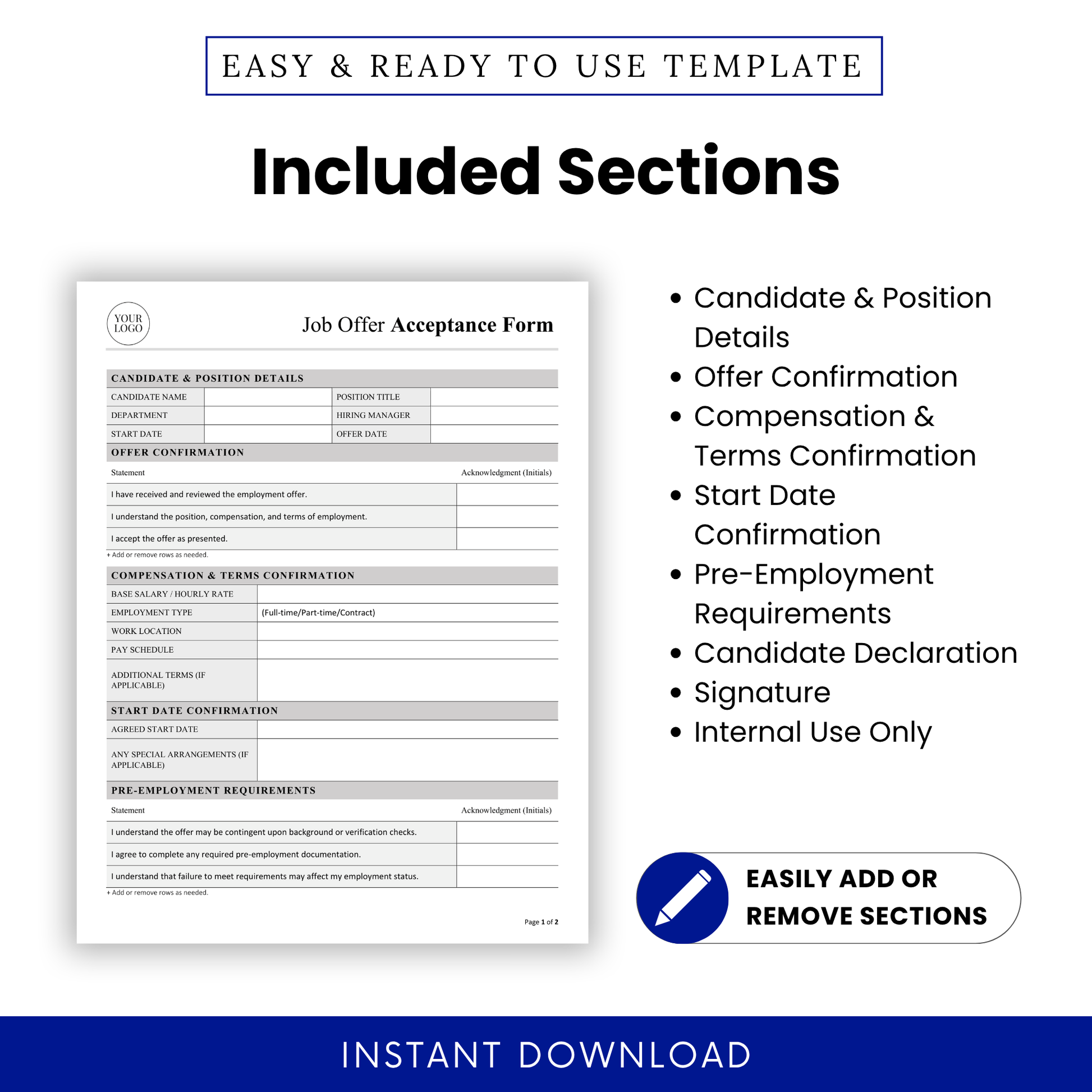 Job Offer Acceptance Form Template with clearly listed sections like candidate details, offer confirmation, and signature fields. This editable SOP-style HR template supports recruiters and managers in organizing employment agreements efficiently.