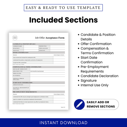 Job Offer Acceptance Form Template with clearly listed sections like candidate details, offer confirmation, and signature fields. This editable SOP-style HR template supports recruiters and managers in organizing employment agreements efficiently.