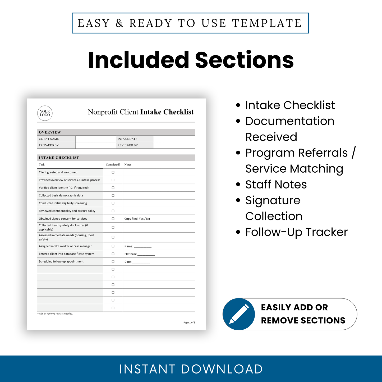 Editable nonprofit intake checklist template listing sections such as intake checklist, documentation received, program referrals, staff notes, signature collection, and follow-up tracker
