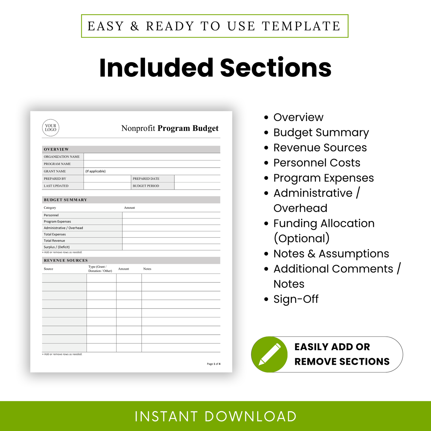 Nonprofit Program Budget Template Word listing all included sections like overview, revenue sources, and administrative costs. This simple nonprofit budget template helps teams customize and organize financial planning documents efficiently.