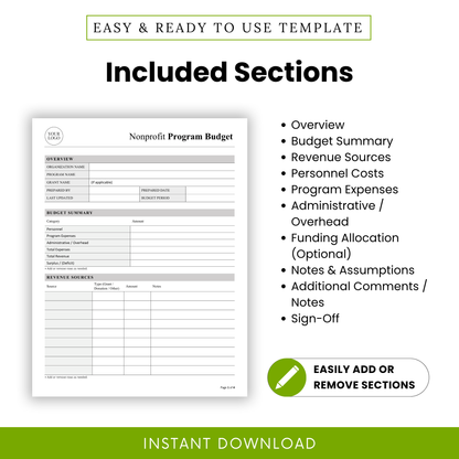 Nonprofit Program Budget Template Word listing all included sections like overview, revenue sources, and administrative costs. This simple nonprofit budget template helps teams customize and organize financial planning documents efficiently.
