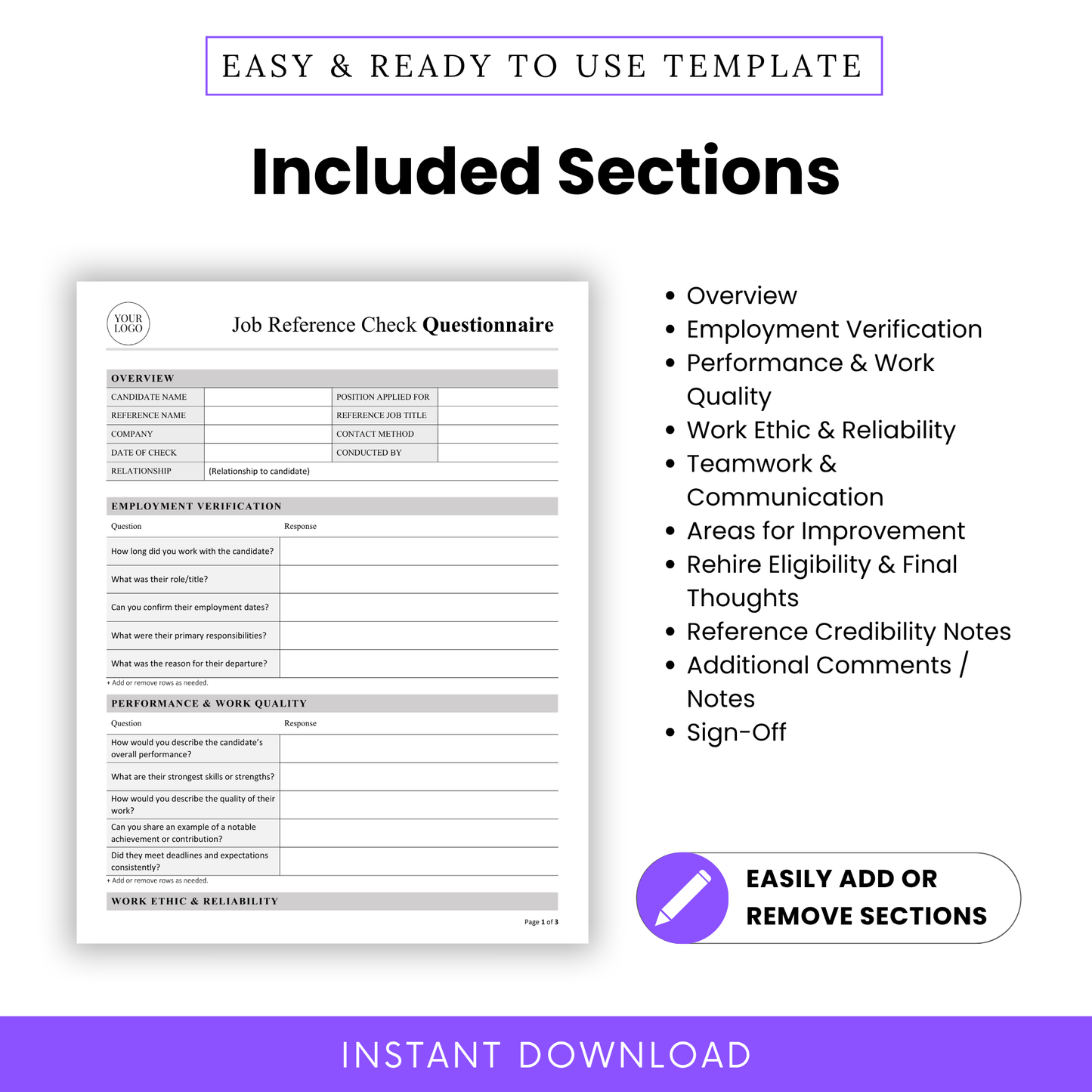 Job Reference Check Questionnaire Template outlining sections like Overview, Employment Verification, and Teamwork & Communication. This editable Job Reference Check Template PDF is designed for recruiters and businesses needing a comprehensive evaluation tool.