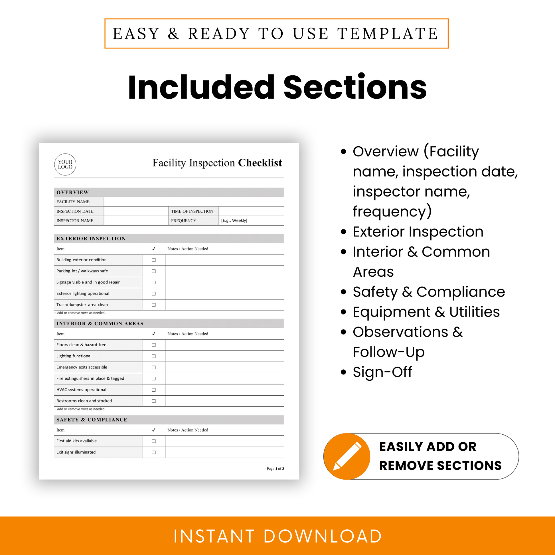 Editable facility inspection checklist template sections including overview details, inspection categories, safety compliance tracking, equipment checks, observations log, and sign-off section for audits