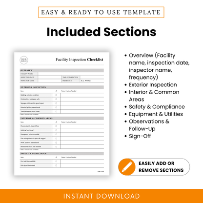 Editable facility inspection checklist template sections including overview details, inspection categories, safety compliance tracking, equipment checks, observations log, and sign-off section for audits