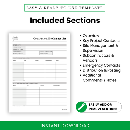 construction contact list sections overview, project contacts, site management supervision, subcontractors vendors, emergency contacts, editable construction document layout