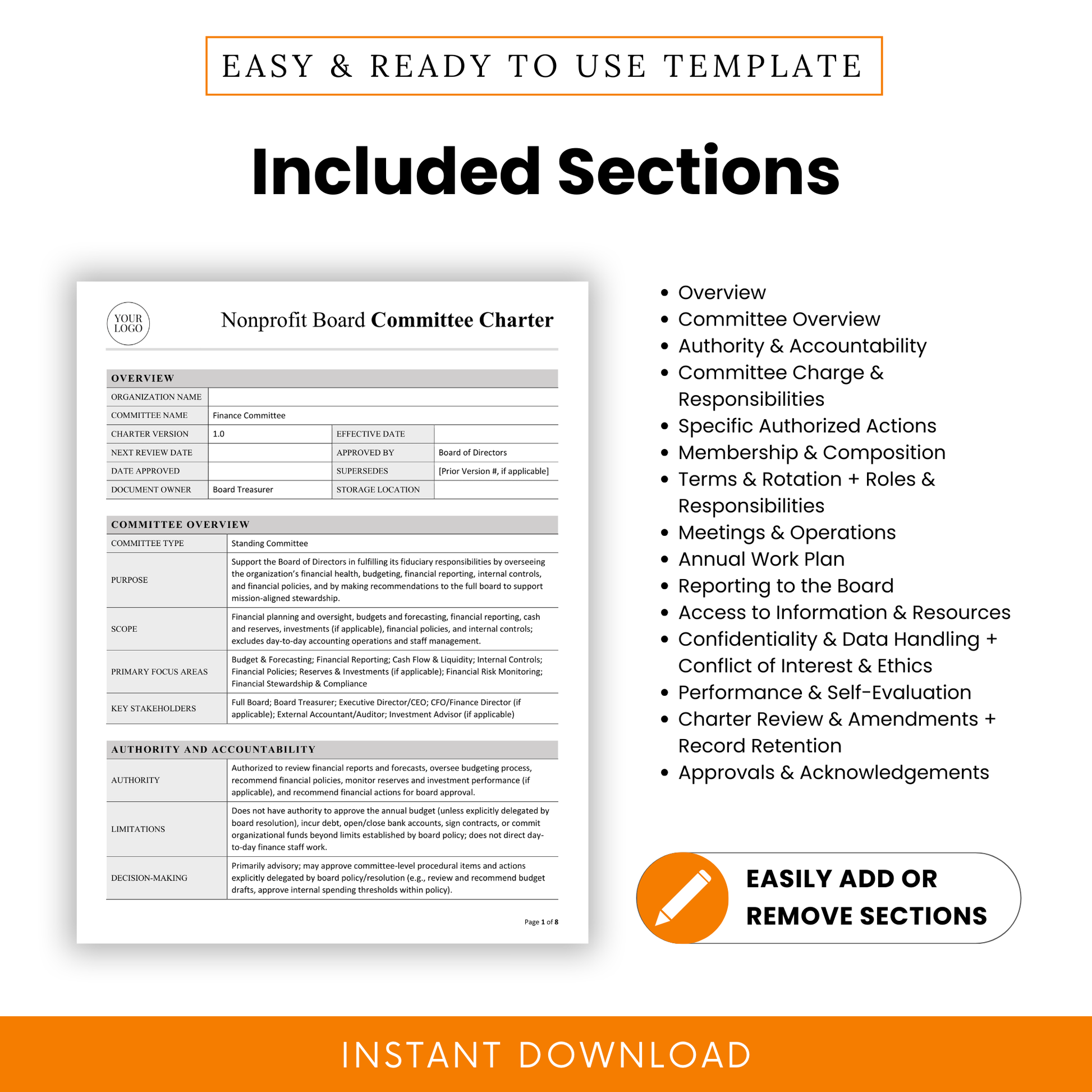 Detailed nonprofit finance committee charter template sections including overview authority accountability responsibilities meetings reporting confidentiality ethics and performance evaluation sections