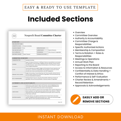 Detailed nonprofit finance committee charter template sections including overview authority accountability responsibilities meetings reporting confidentiality ethics and performance evaluation sections