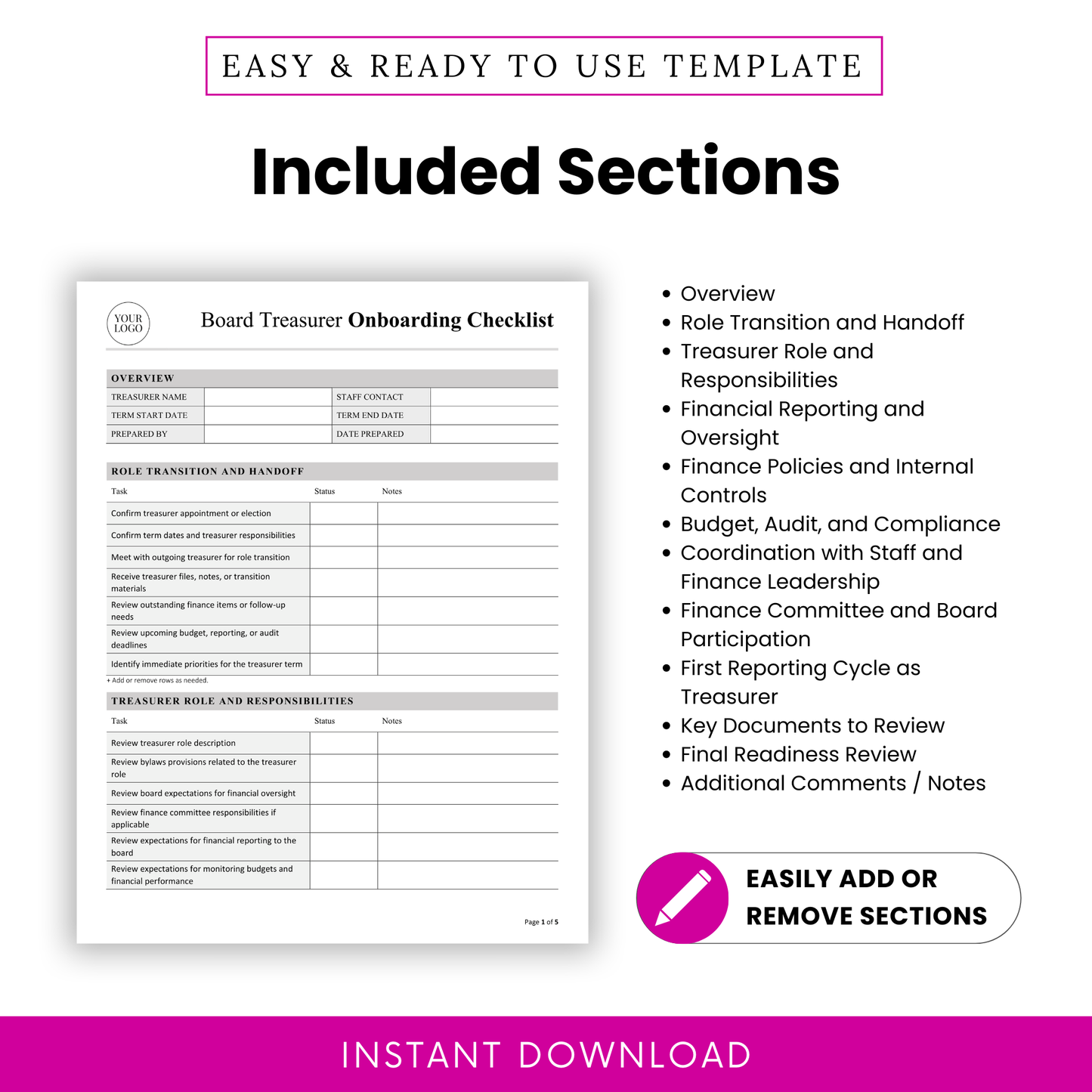 Editable nonprofit board treasurer onboarding checklist template with included sections such as overview, role transition and handoff, treasurer responsibilities, financial reporting, budget audit compliance, finance committee participation, key documents review, and notes
