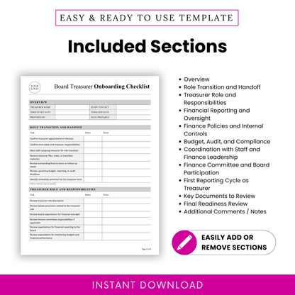 Editable nonprofit board treasurer onboarding checklist template with included sections such as overview, role transition and handoff, treasurer responsibilities, financial reporting, budget audit compliance, finance committee participation, key documents review, and notes