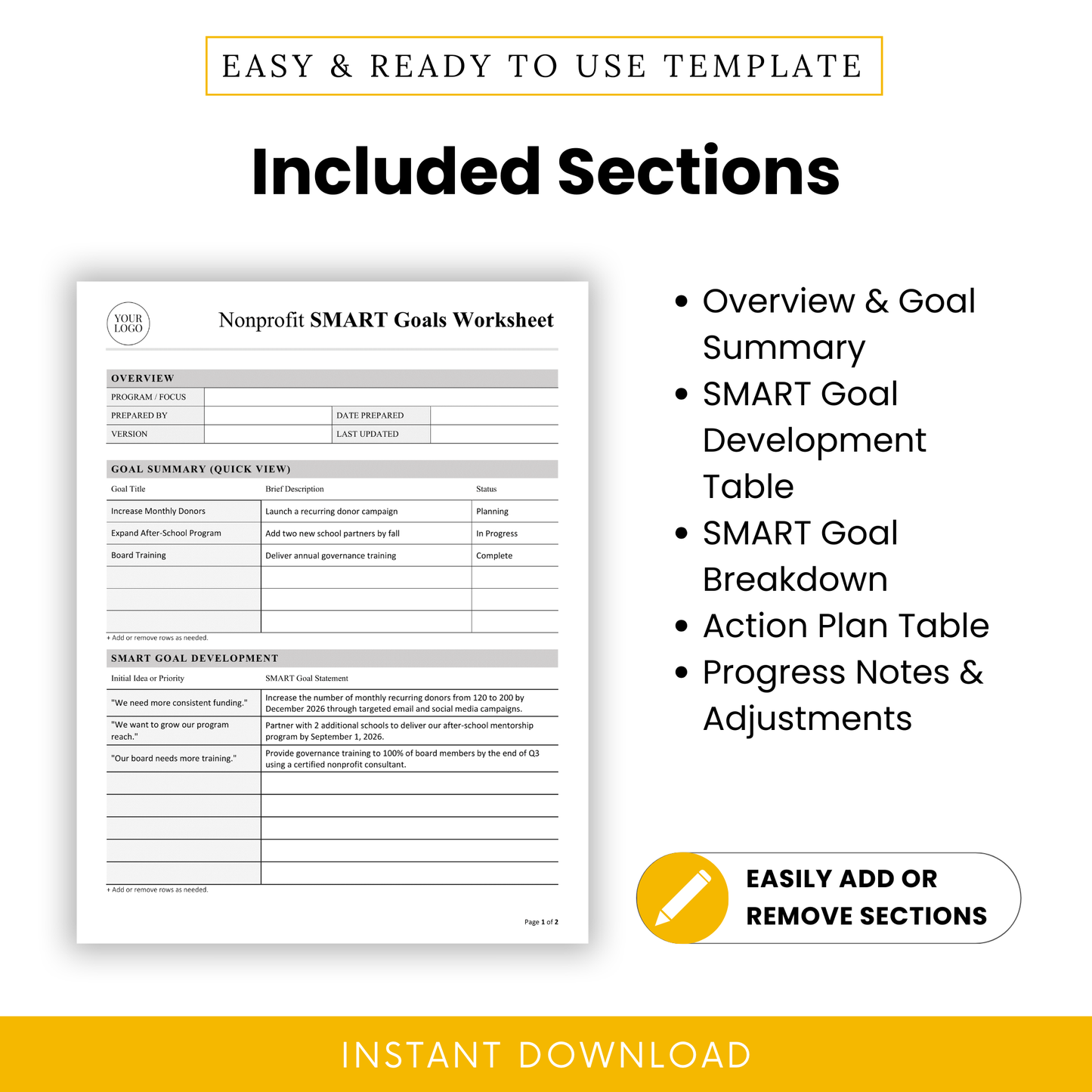 Editable nonprofit planning worksheet featuring overview, SMART goal development table, goal breakdown, action plan, and progress tracking sections