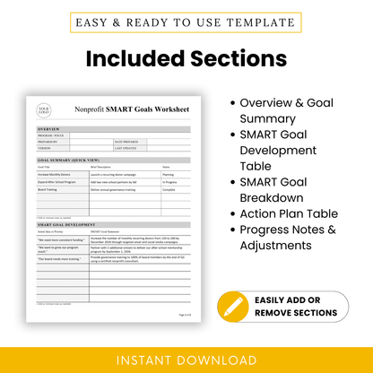 Editable nonprofit planning worksheet featuring overview, SMART goal development table, goal breakdown, action plan, and progress tracking sections