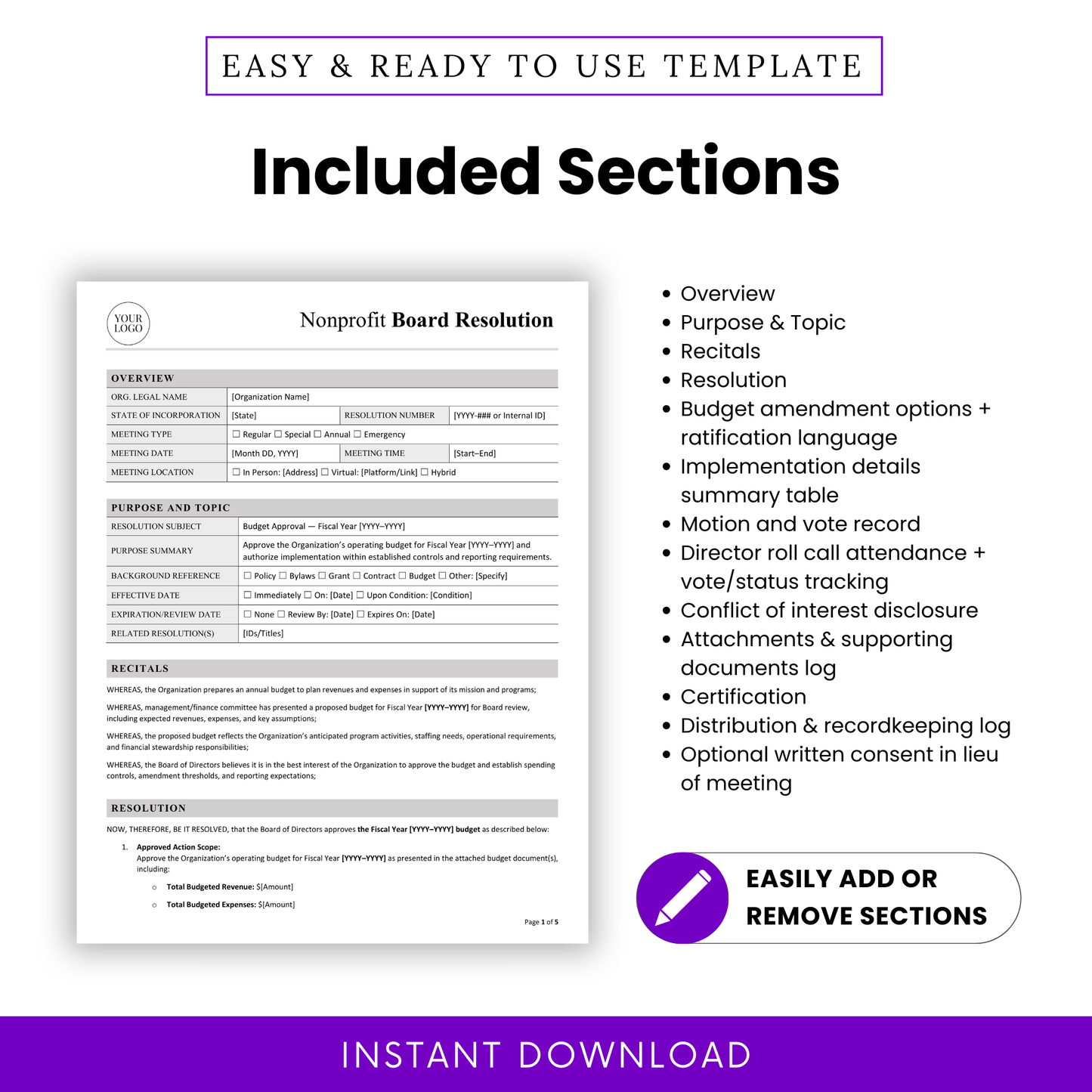 Editable nonprofit board resolution template sections overview purpose and topic recitals resolution budget amendments implementation details voting attendance conflict of interest and certification