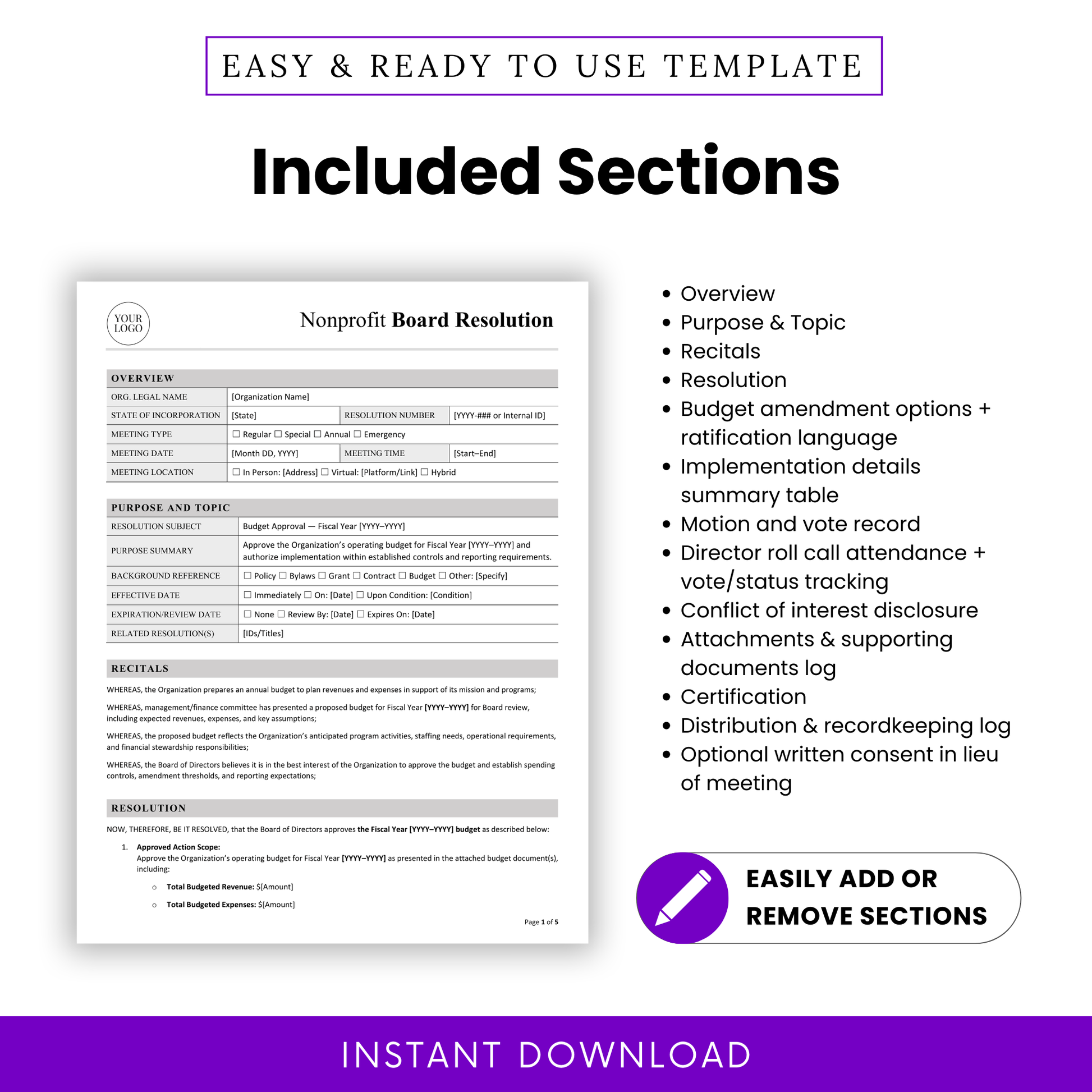 Editable nonprofit board resolution template sections overview purpose and topic recitals resolution budget amendments implementation details voting attendance conflict of interest and certification