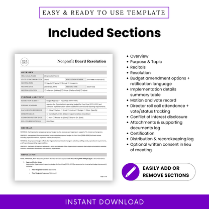 Editable nonprofit board resolution template sections overview purpose and topic recitals resolution budget amendments implementation details voting attendance conflict of interest and certification