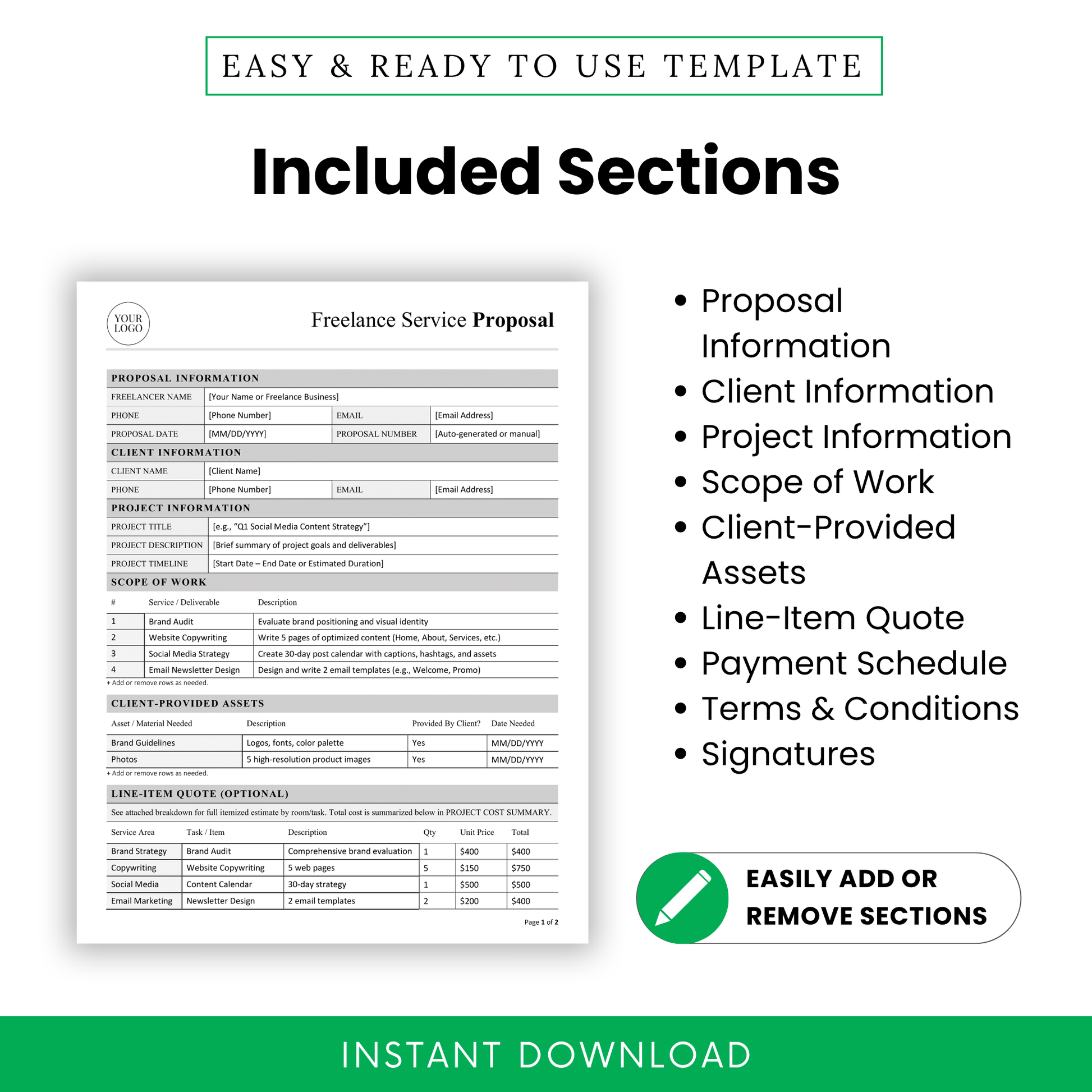 Freelance proposal template sections including proposal info, client info, project overview, scope of work, pricing, payment schedule, terms and conditions, and signature fields for client approval