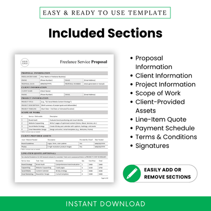 Freelance proposal template sections including proposal info, client info, project overview, scope of work, pricing, payment schedule, terms and conditions, and signature fields for client approval