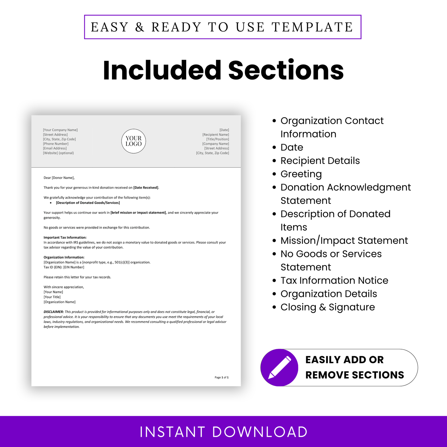 Simple Donation Acknowledgment Letter Template showcasing all included sections like donor details, tax information, and acknowledgment statements. This editable nonprofit document helps streamline communication and ensures all essential elements are included.