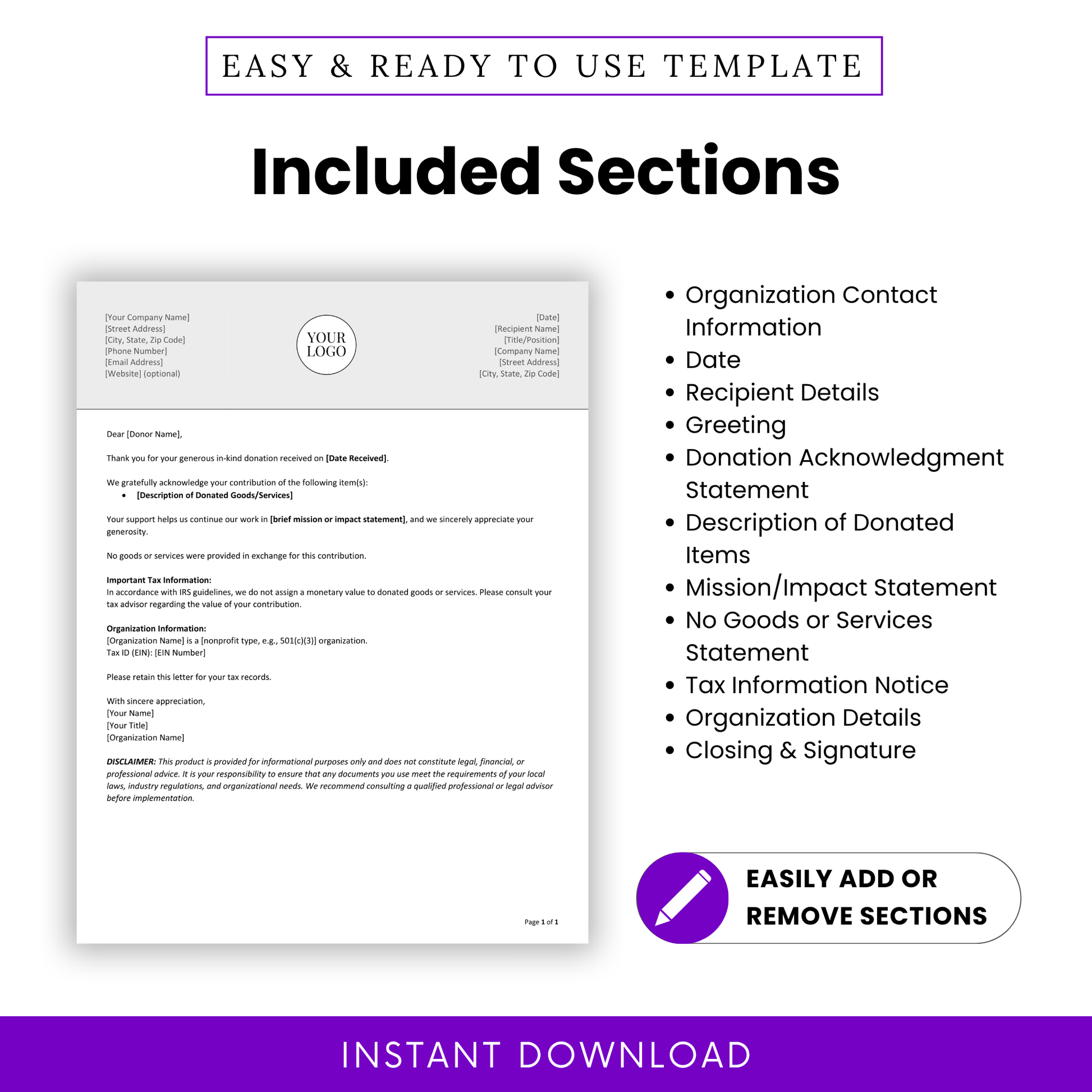 Simple Donation Acknowledgment Letter Template showcasing all included sections like donor details, tax information, and acknowledgment statements. This editable nonprofit document helps streamline communication and ensures all essential elements are included.