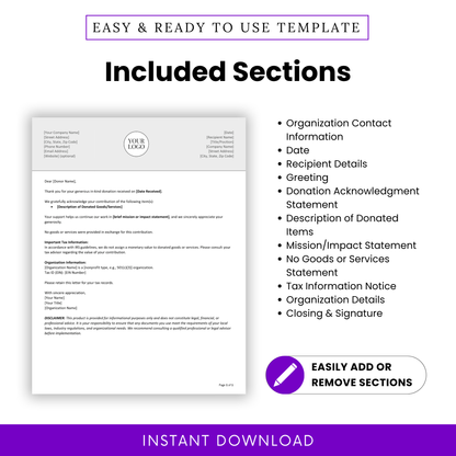Simple Donation Acknowledgment Letter Template showcasing all included sections like donor details, tax information, and acknowledgment statements. This editable nonprofit document helps streamline communication and ensures all essential elements are included.