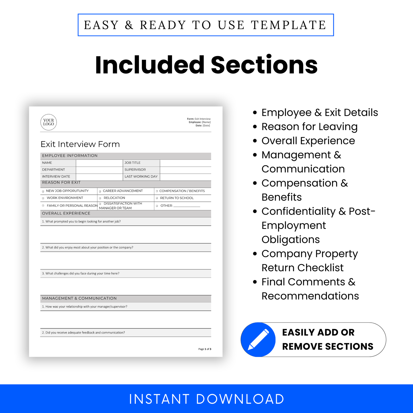 Exit Interview Form sections include employee info, reason for leaving, job experience, communication, compensation, confidentiality, property checklist, and comments.