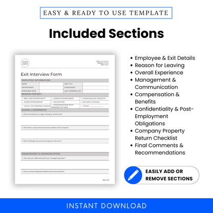 Exit Interview Form sections include employee info, reason for leaving, job experience, communication, compensation, confidentiality, property checklist, and comments.