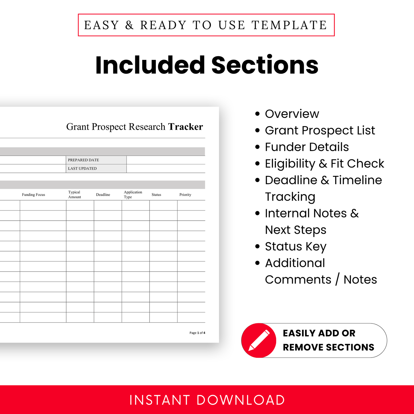 Grant Prospect Research Tracker Template layout highlighting included sections such as Overview, Funder Details, and Timeline Tracking. This editable business template is perfect for grant writers and nonprofit teams needing structured organization.