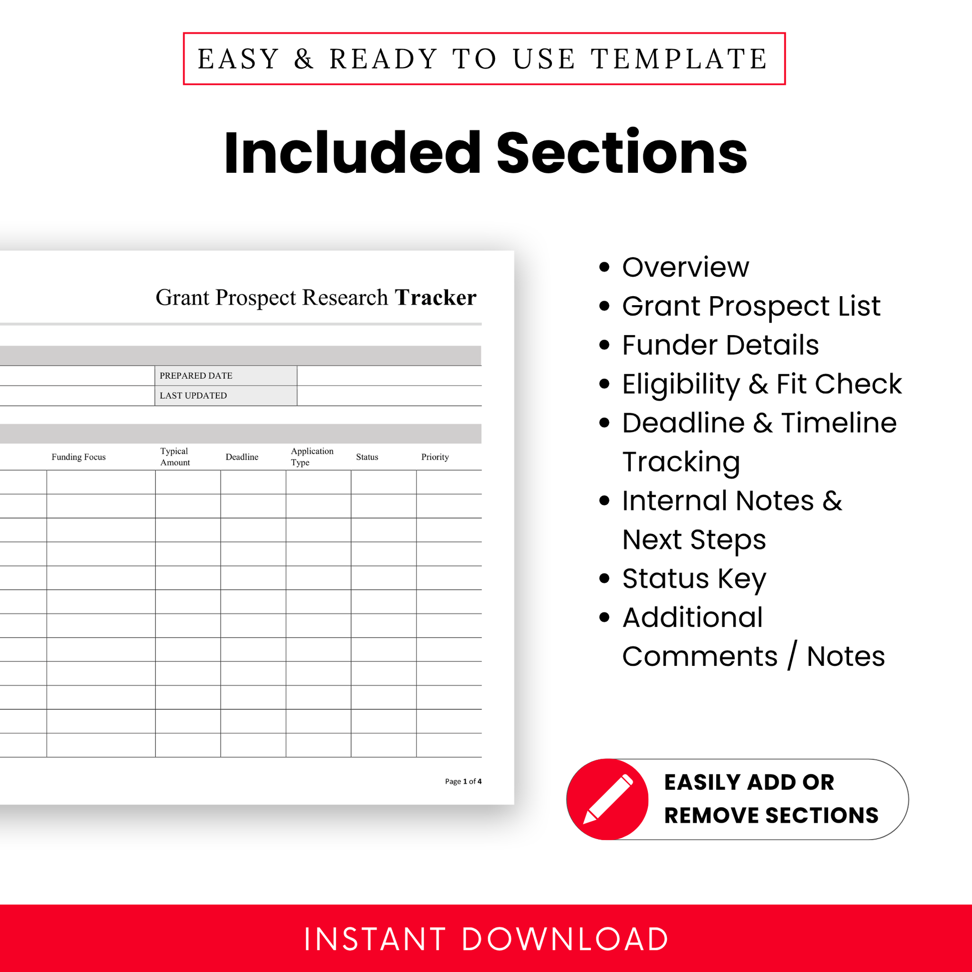 Grant Prospect Research Tracker Template layout highlighting included sections such as Overview, Funder Details, and Timeline Tracking. This editable business template is perfect for grant writers and nonprofit teams needing structured organization.