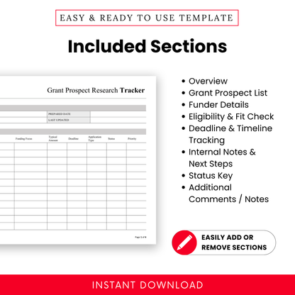 Grant Prospect Research Tracker Template layout highlighting included sections such as Overview, Funder Details, and Timeline Tracking. This editable business template is perfect for grant writers and nonprofit teams needing structured organization.