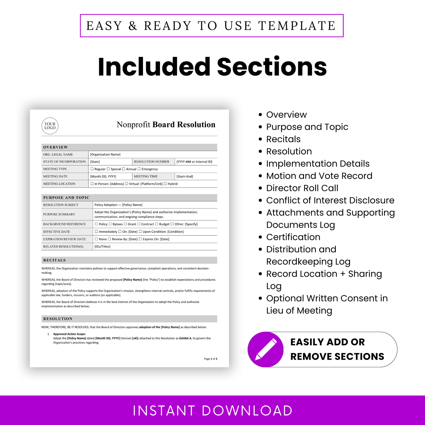 Nonprofit board resolution sections list: overview, purpose, recitals, resolution, implementation details, motion and vote record, director roll call, conflict of interest disclosure, attachments, certification, logs template
