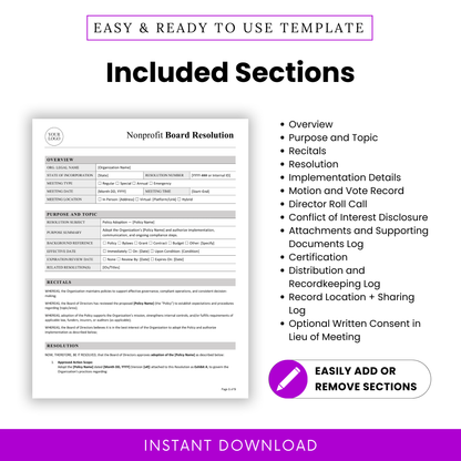 Nonprofit board resolution sections list: overview, purpose, recitals, resolution, implementation details, motion and vote record, director roll call, conflict of interest disclosure, attachments, certification, logs template