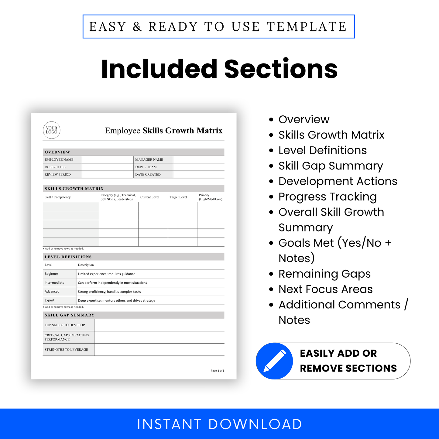 Employee skills matrix template sections overview including skills tracking, level definitions, skill gap summary, and employee development planning layout