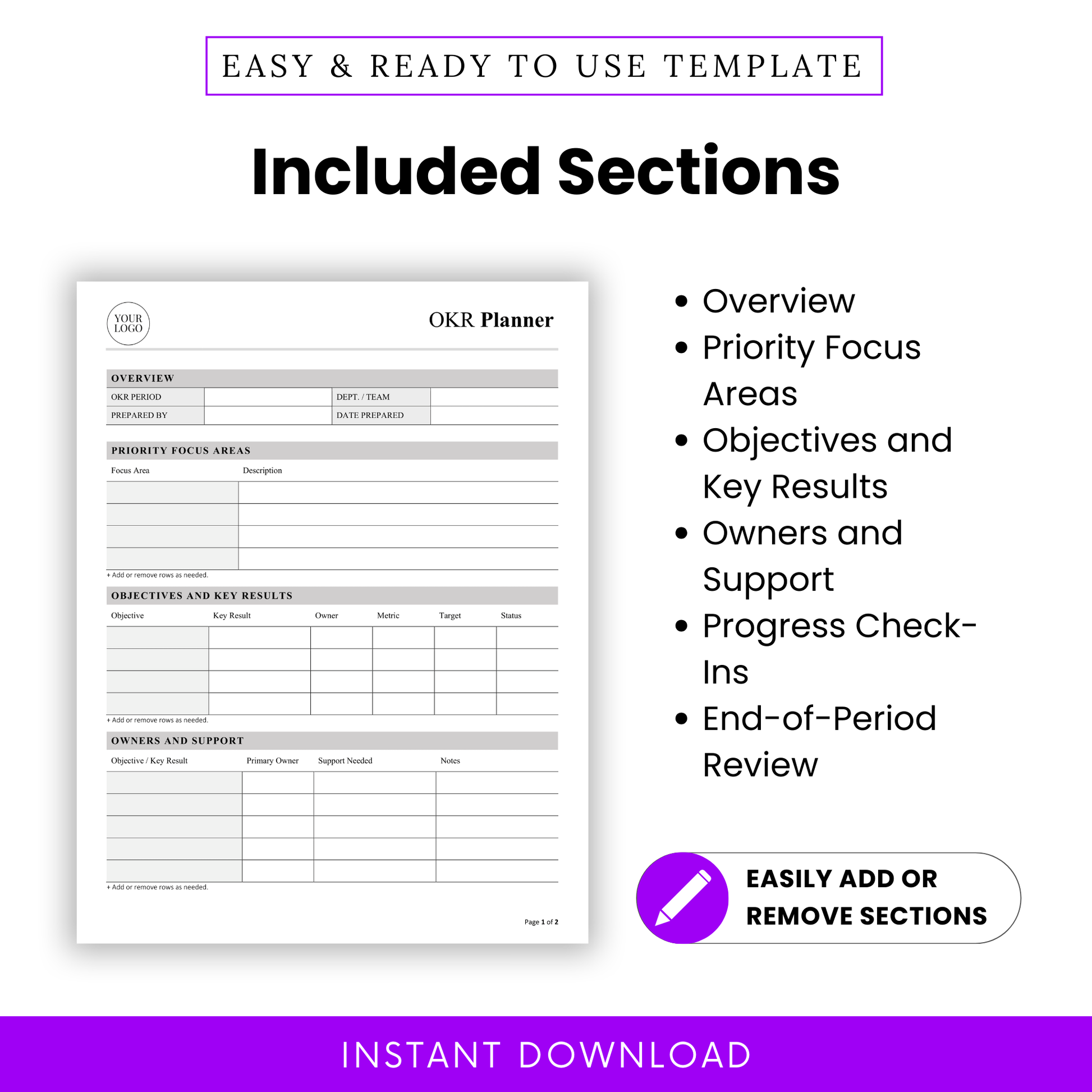 OKR planner sections overview including project overview, focus areas, objectives and key results, ownership tracking, progress updates and performance review sections for teams and businesses
