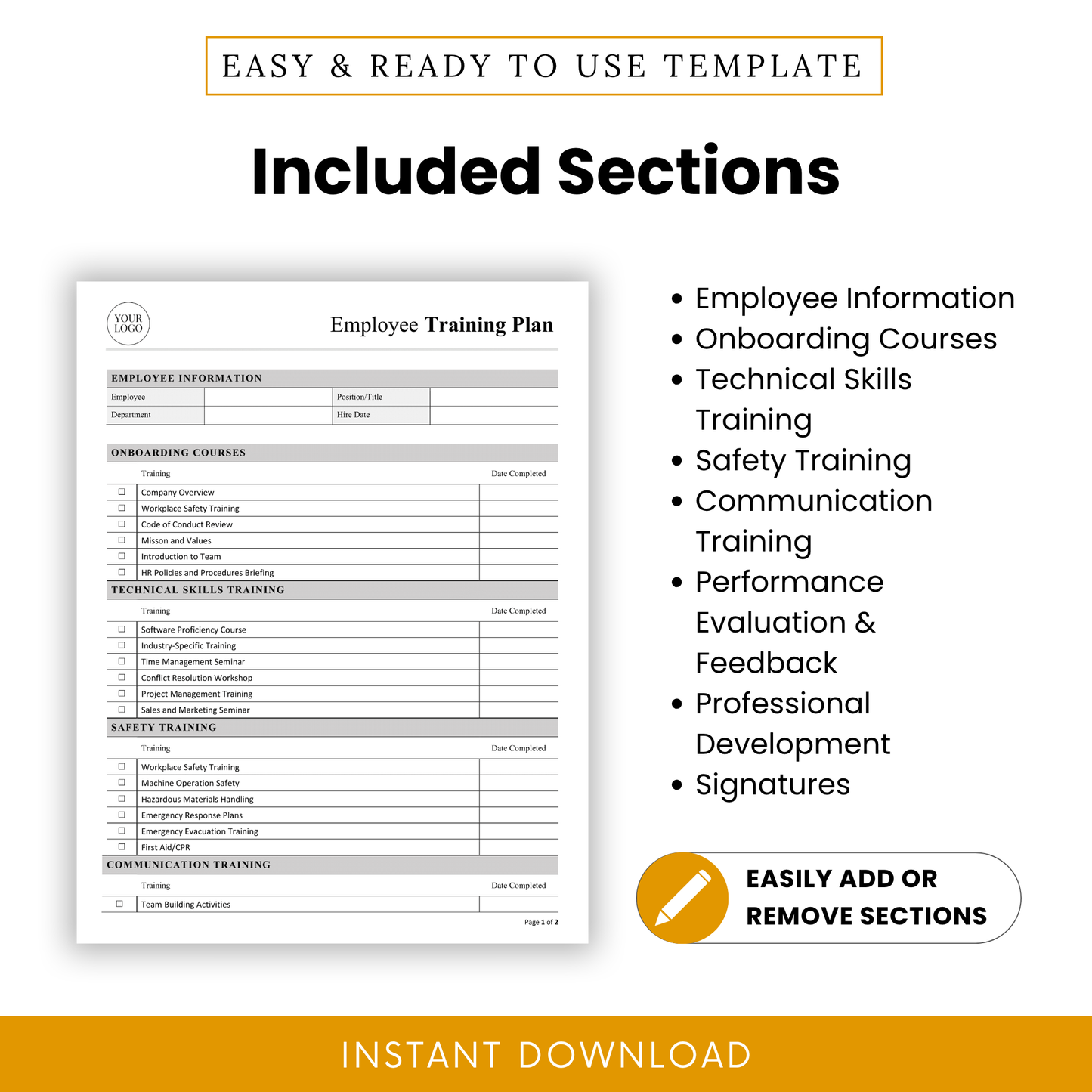 Overview of all included sections in the form: Employee Info, Onboarding Courses, Technical & Safety Training, Communication, Performance Evaluation, and Signatures.