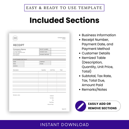 Included sections preview for the Receipt Template. Highlights business information, receipt number, payment date and method, customer details, itemized table for descriptions and prices, subtotal, tax, total due, amount paid, and remarks. Editable and available for instant download.