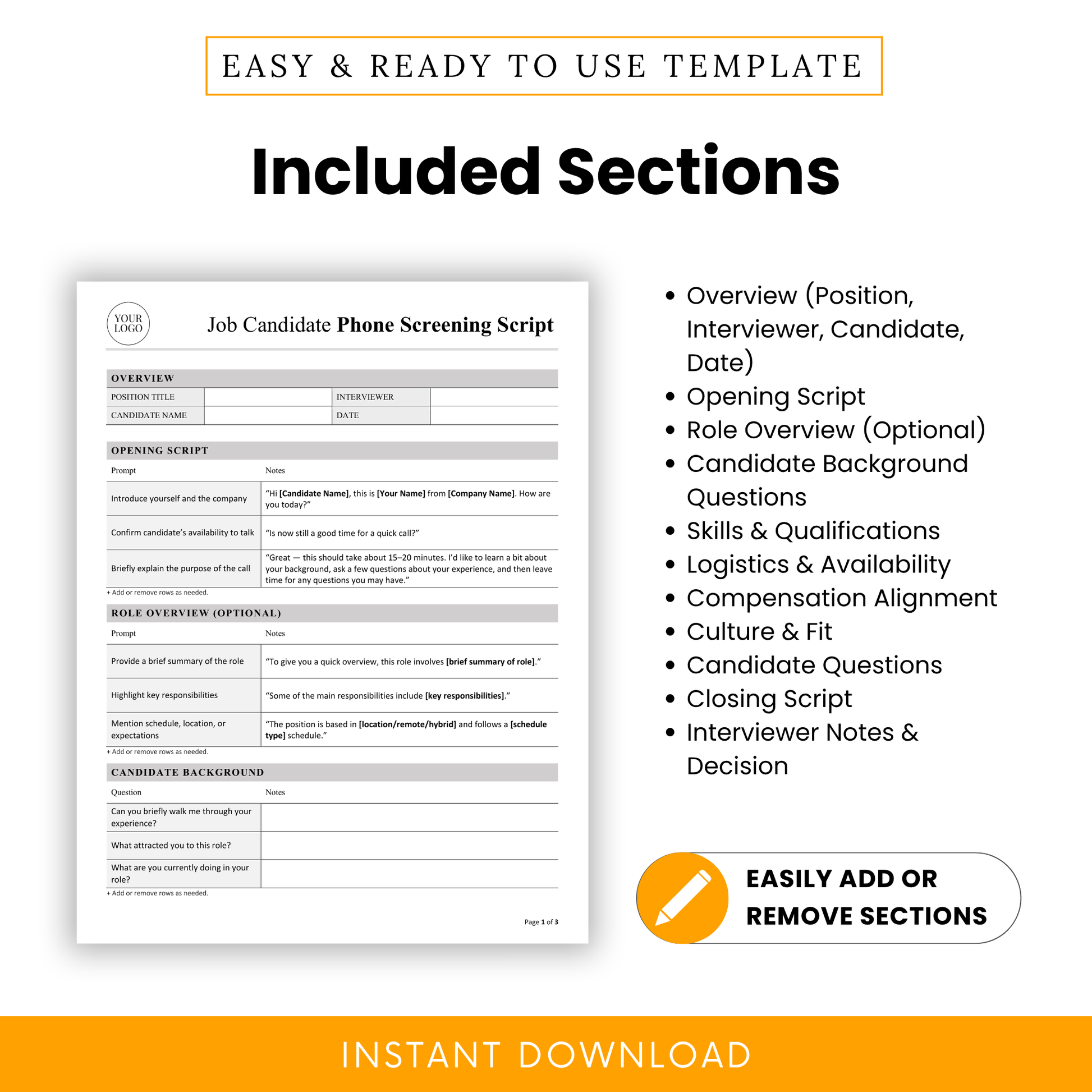 Detailed layout of included sections such as overview, interview questions, skills assessment, and hiring decision notes in a structured HR template
