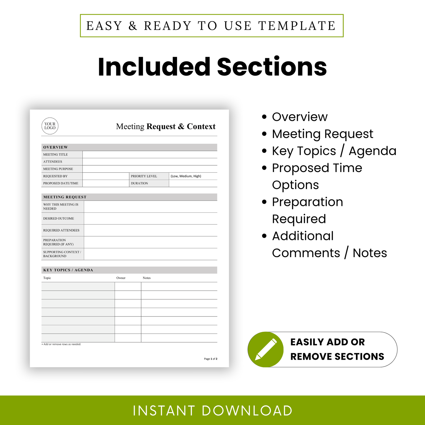 Meeting template sections list including overview, meeting request, agenda topics, time options, preparation checklist, and additional notes for business meeting planning