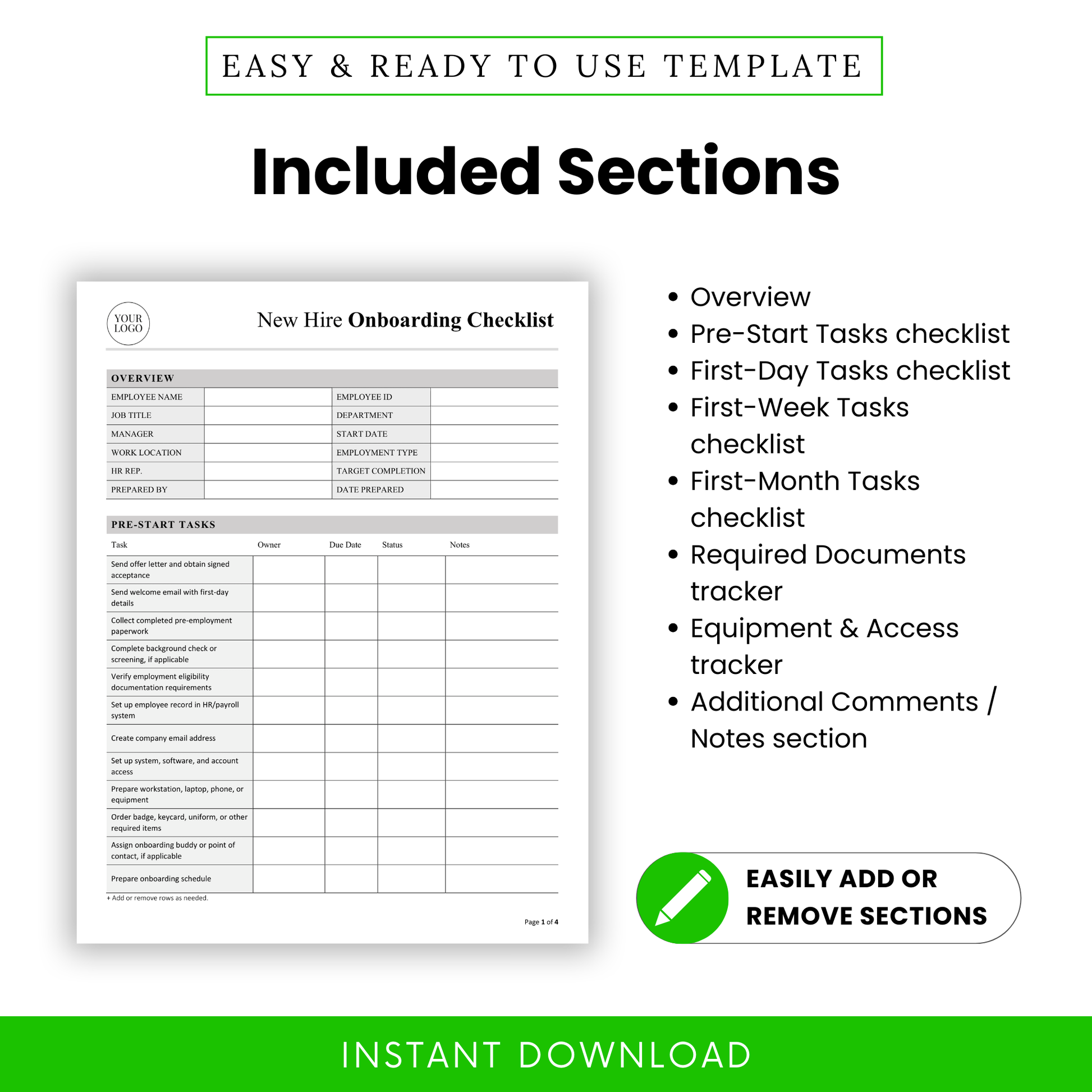 New hire onboarding checklist template sections overview including employee information, onboarding tasks checklist, document tracking, equipment setup tracker, HR onboarding planner