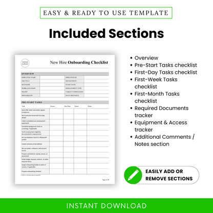 New hire onboarding checklist template sections overview including employee information, onboarding tasks checklist, document tracking, equipment setup tracker, HR onboarding planner