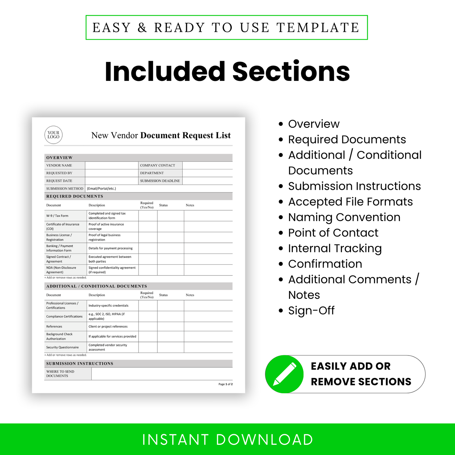 Vendor onboarding checklist template displaying all included sections such as overview, required documents, submission instructions, and internal tracking. This New Vendor Document Request Template is ideal for businesses needing a clear and structured documentation process.