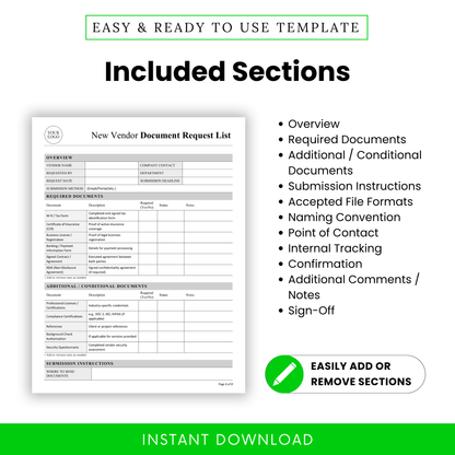 Vendor onboarding checklist template displaying all included sections such as overview, required documents, submission instructions, and internal tracking. This New Vendor Document Request Template is ideal for businesses needing a clear and structured documentation process.