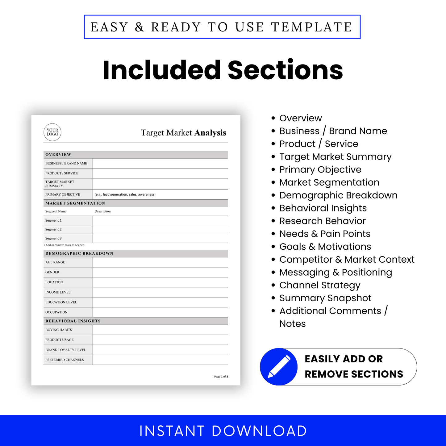 Detailed overview of all sections included in the Target Market Analysis Template, from demographic breakdown to messaging and positioning. This business template supports clear documentation and is ideal for startups, consultants, and digital marketers.