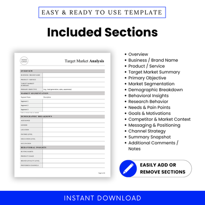 Detailed overview of all sections included in the Target Market Analysis Template, from demographic breakdown to messaging and positioning. This business template supports clear documentation and is ideal for startups, consultants, and digital marketers.