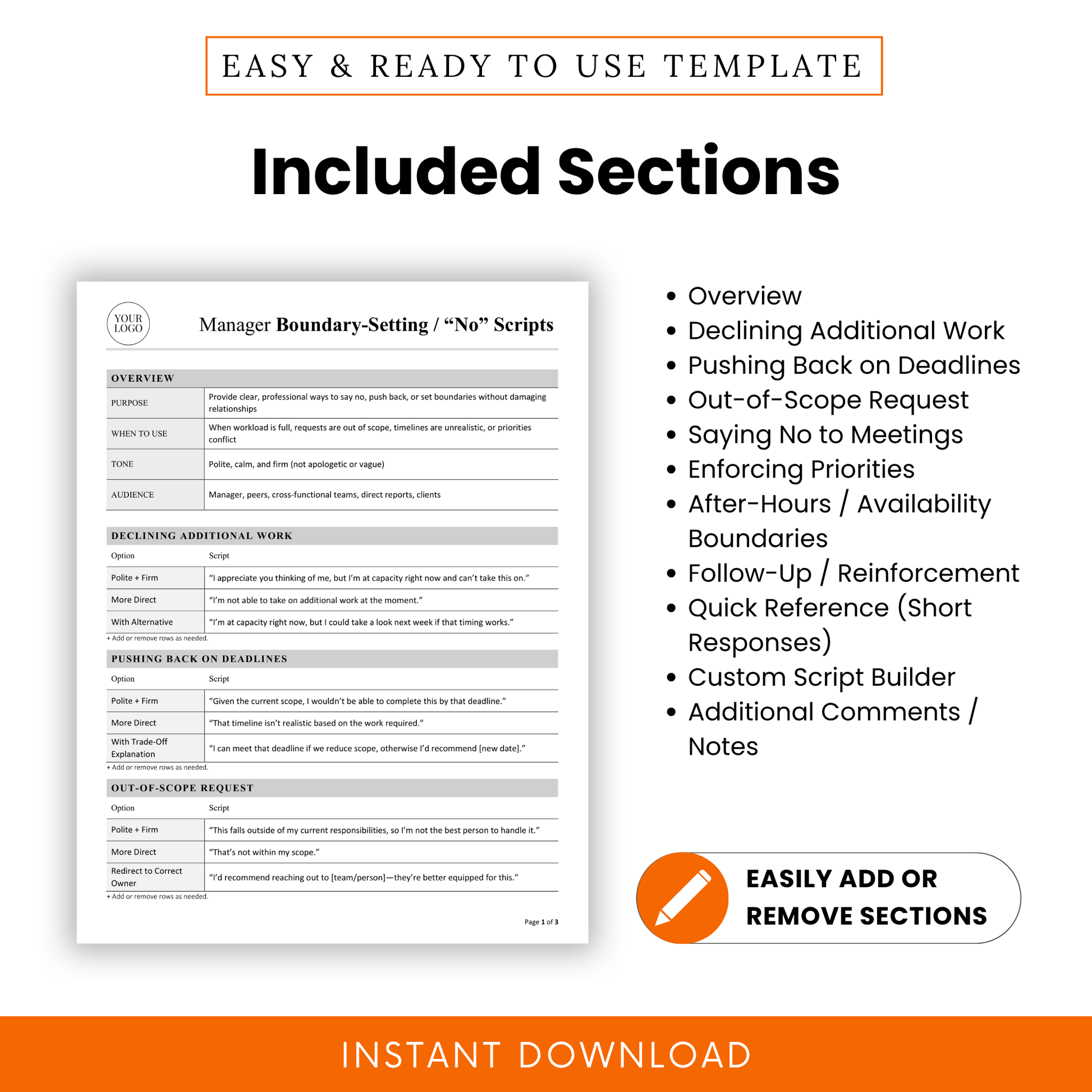 Manager boundary setting template sections overview including workload boundaries, deadline pushback, meeting scripts, priority management, and communication tools for professionals