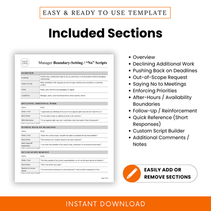 Manager boundary setting template sections overview including workload boundaries, deadline pushback, meeting scripts, priority management, and communication tools for professionals