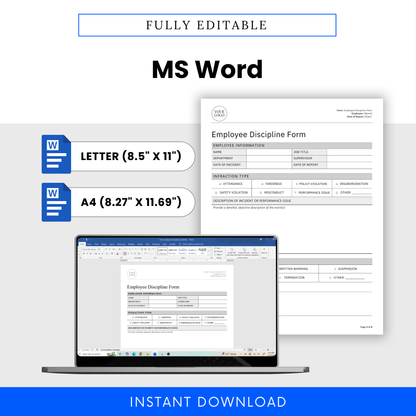 Editable MS Word version of Employee Discipline Form shown on laptop with Letter and A4 size options clearly displayed.