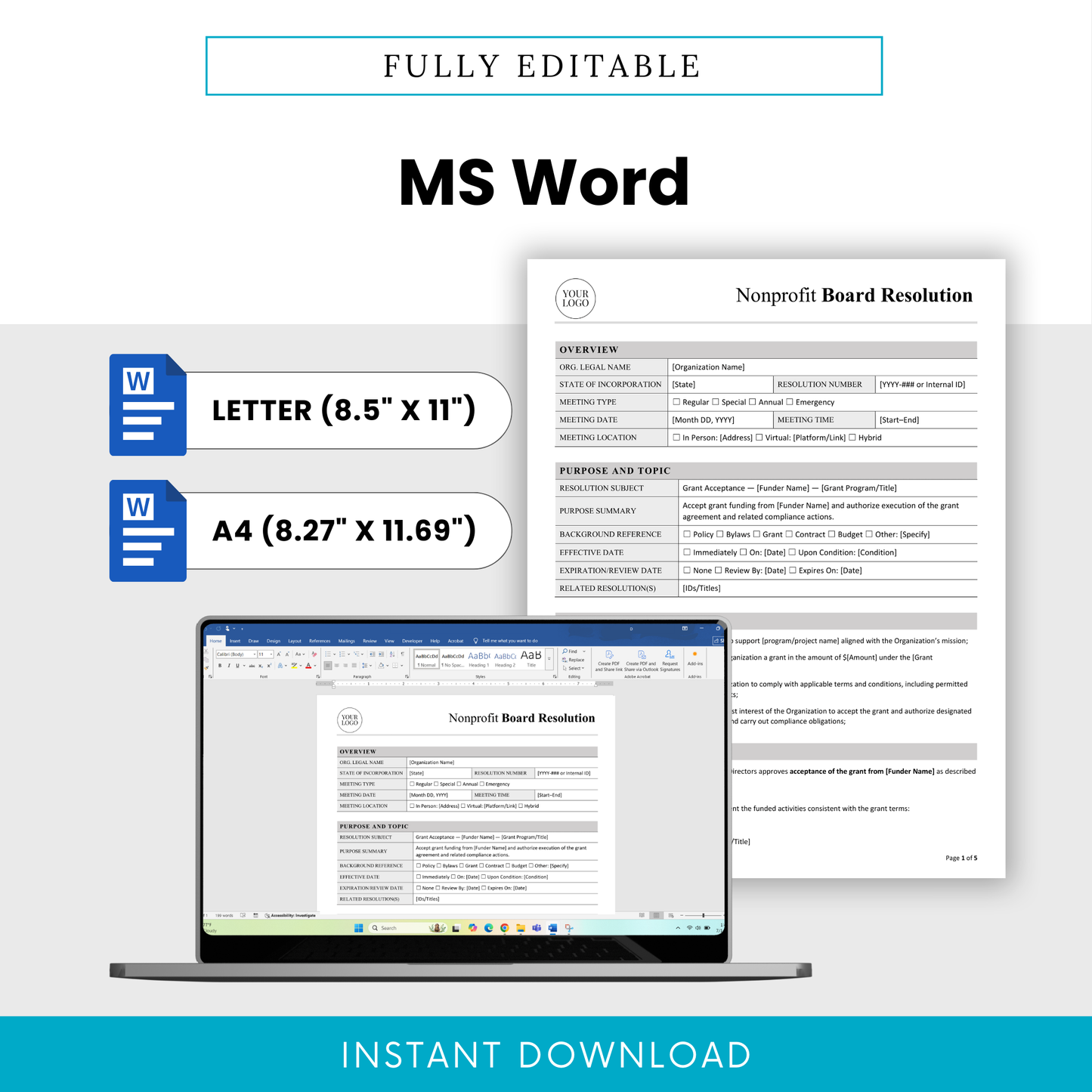 Editable nonprofit board resolution template in Microsoft Word format with US Letter and A4 sizes, customizable layout for grant approval documentation
