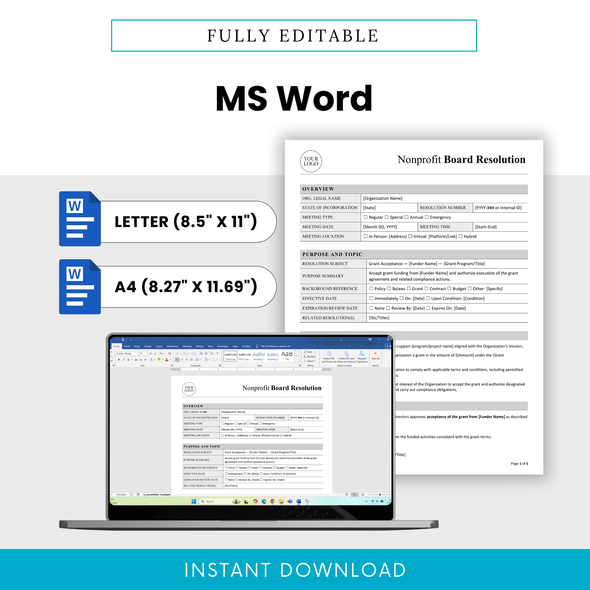 Editable nonprofit board resolution template in Microsoft Word format with US Letter and A4 sizes, customizable layout for grant approval documentation