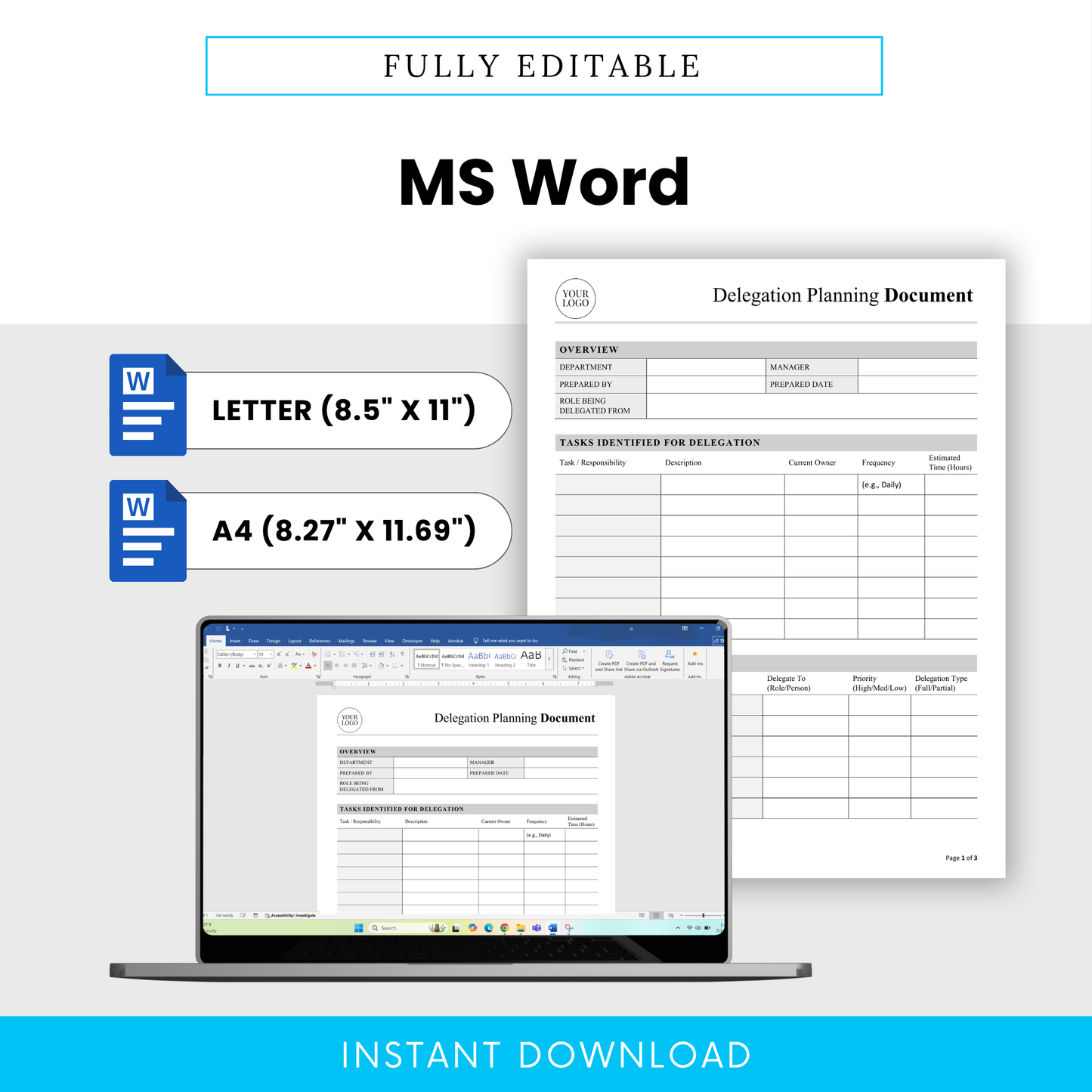 Editable delegation planning template shown in Microsoft Word format with letter and A4 sizes, customizable business document for task management, team delegation, and workflow planning