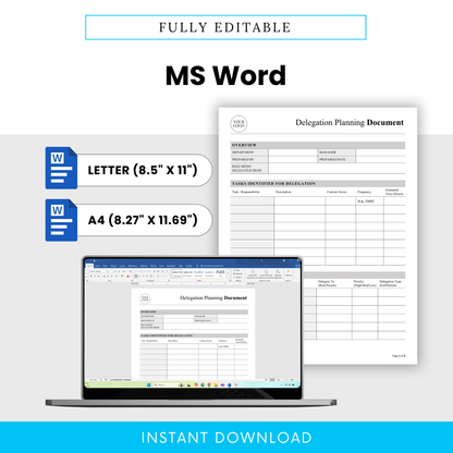 Editable delegation planning template shown in Microsoft Word format with letter and A4 sizes, customizable business document for task management, team delegation, and workflow planning