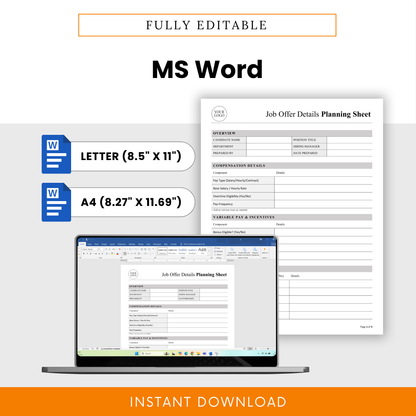 Editable job offer planning sheet template in Microsoft Word format with US Letter and A4 sizes, easy customization and professional HR document layout